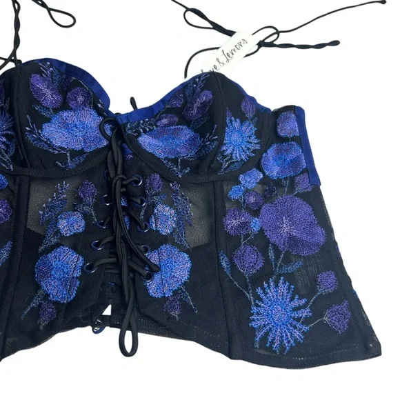 For Love And Lemons NWT Kaylee Embroidered Purple/Black XS Bustier Crop Top